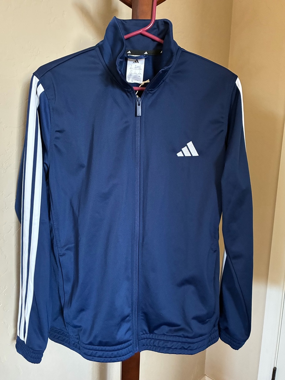 Adidas Women’s Track Jacket. NWT - Size Large. Dark Blue w/White Stripes & Logo.